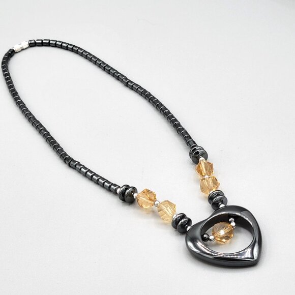Hematite Open Heart Pendant Statement Necklace Orange Bead Accents 16" - Picture 1 of 8